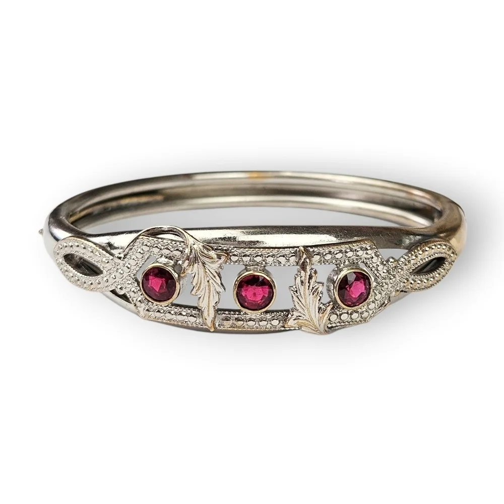 Victorian Revival Floral Cuff Bracelet Ruby Red Glass Silver Tone Vintage 7.25
